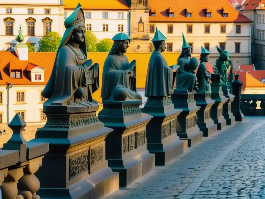 Detalles de las esculturas en piedra en el Puente de Carlos en Praga, preservación del patrimonio histórico