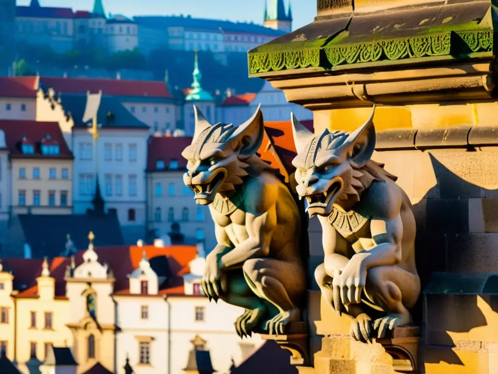 Detalles de las gárgolas en el Puente de Carlos en Praga, bañadas por cálida luz de tarde, historia y arquitectura de los puentes