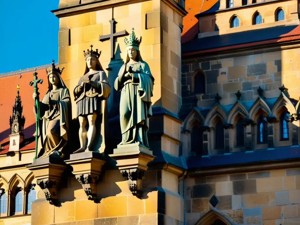 Detalles góticos del Puente de Carlos en Praga, iluminados por el cálido atardecer