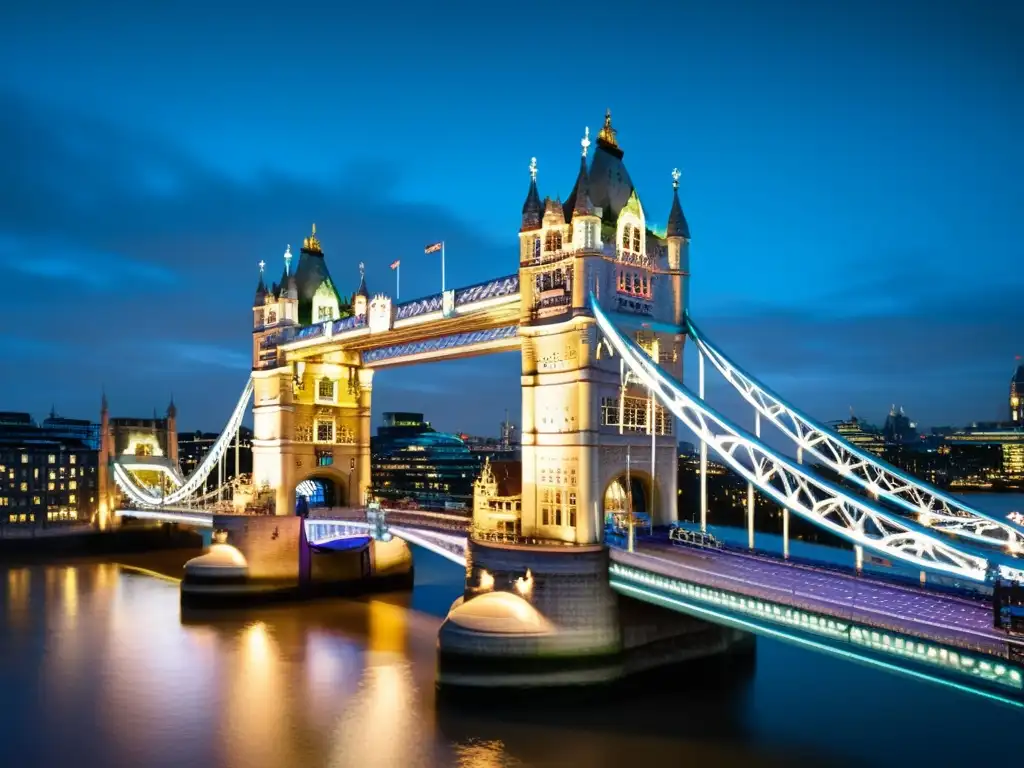 Detalles góticos victorianos del Puente de la Torre de Londres, resaltando su arquitectura e historia en el río Támesis y el skyline de la ciudad