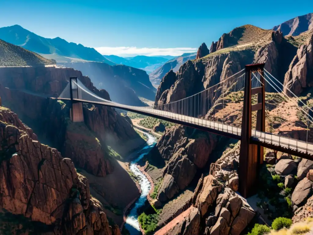 Detalles intrincados del puente colgante en el cañón con tecnología de visualización para puentes icónicos