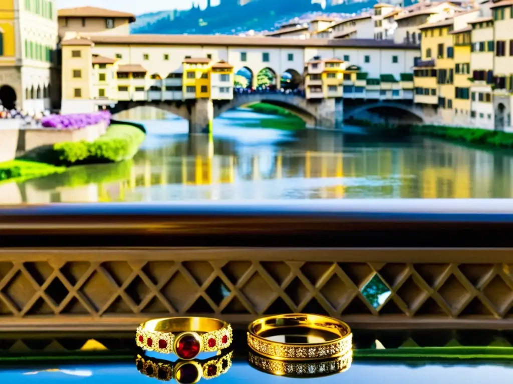 Detalles de joyerías en Ponte Vecchio Florencia, con reflejo del puente y río Arno, evocando historia y elegancia