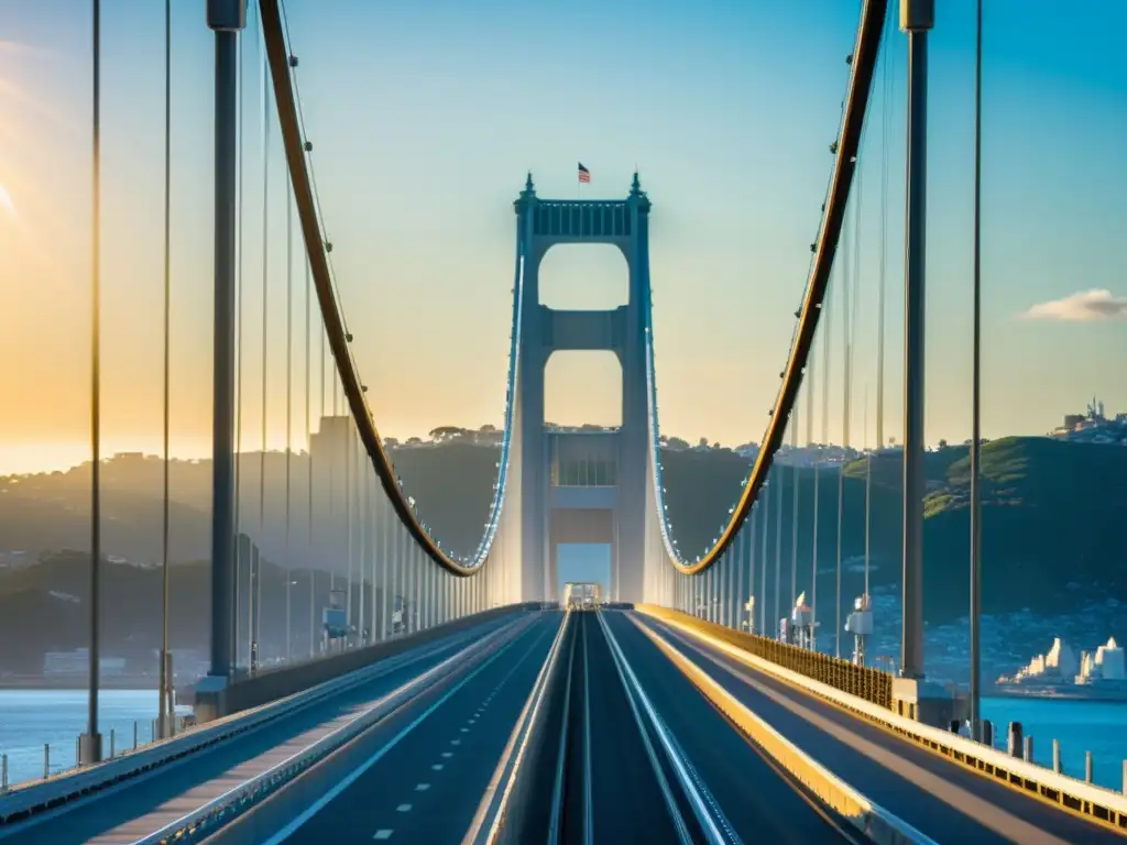 Detalles metálicos del renovado Puente de San FranciscoOakland Bay, con la luz del sol resplandeciendo en su estructura