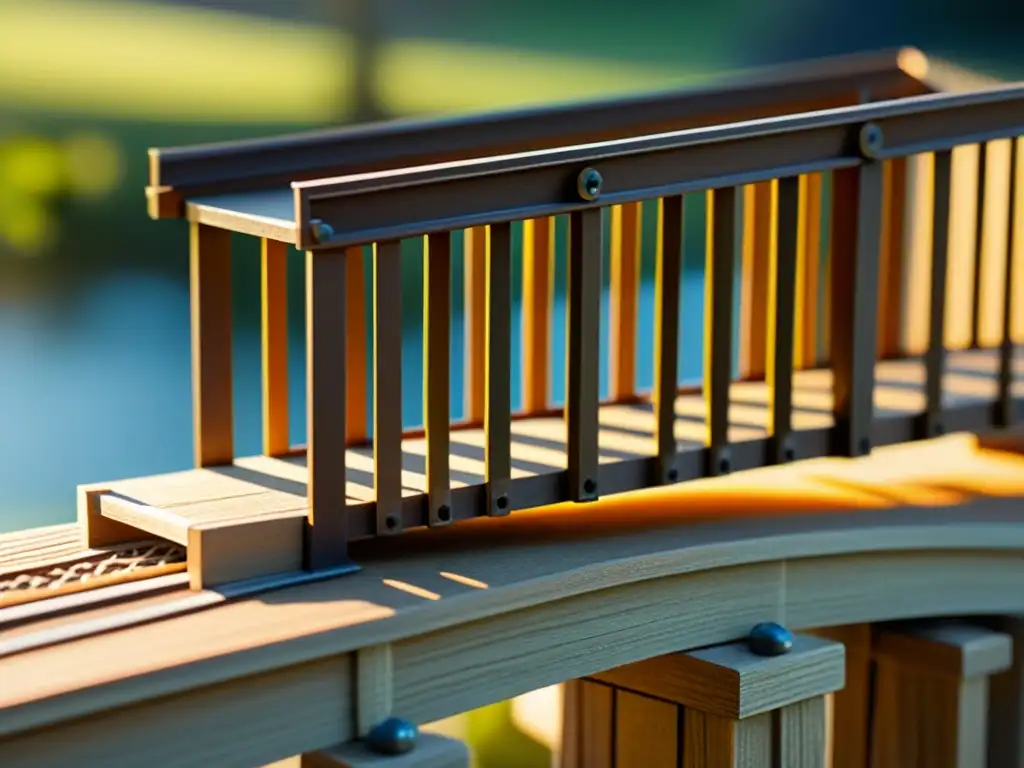 Detalles minuciosos de un modelo de puente en miniatura iluminados por el sol, capturando la esencia de la ingeniería