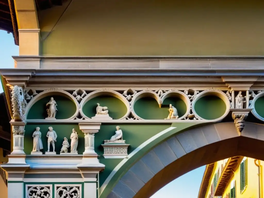 Detalles renacentistas en el Puente de Santa Trinita: historia artística, piedra envejecida, sombras dramáticas y el fluir del río Arno