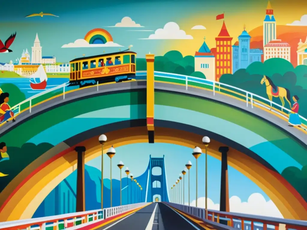 Detalles vibrantes de un mural en el puente, capturando escenas culturales e históricas