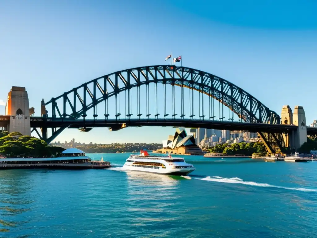 Un día soleado en el Puente de Sídney, con la bandera australiana ondeando y una bulliciosa ciudad al fondo