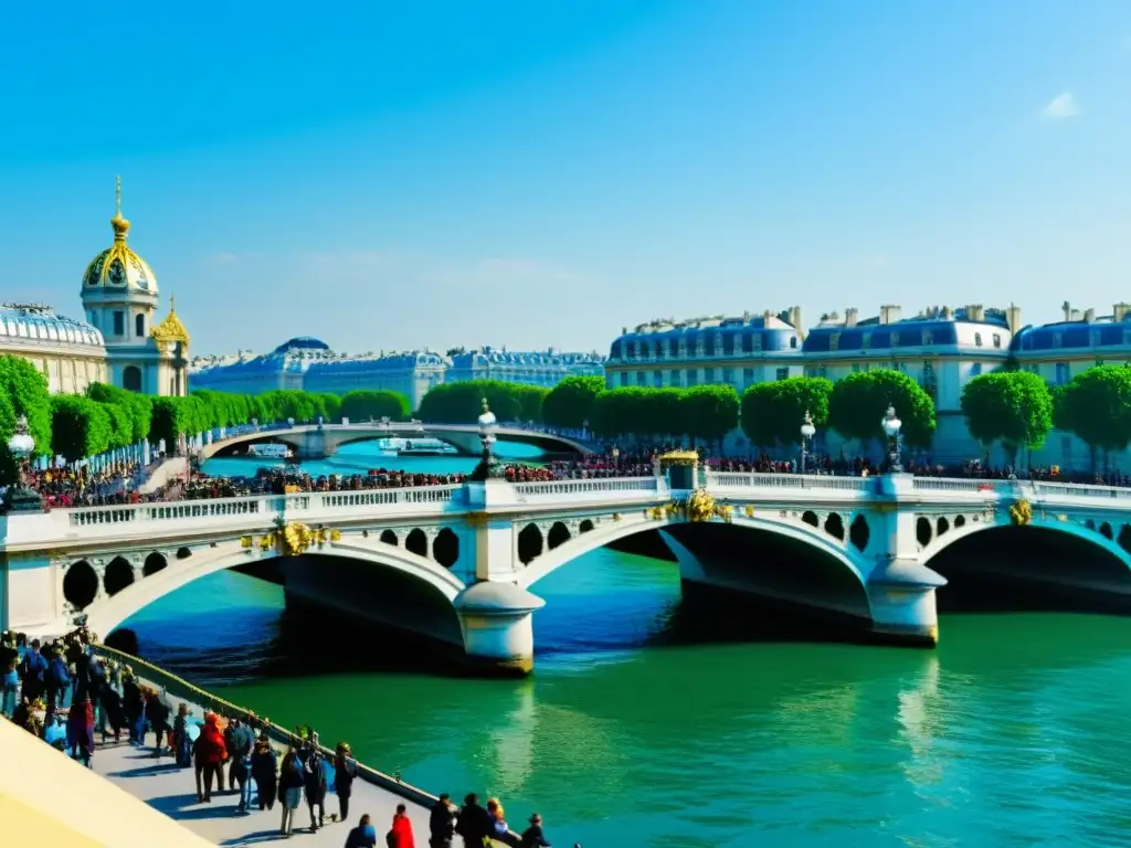 Un día vibrante en las ferias del libro bajo el Puente Alexandre III en París, con visitantes explorando libros y disfrutando del ambiente literario