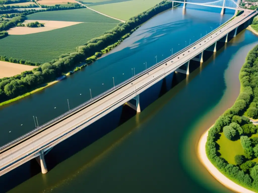 Dinámica de Fluidos en Puentes: Fotografía aérea detallada de un puente sobre un río, con patrones de agua y juego de luces