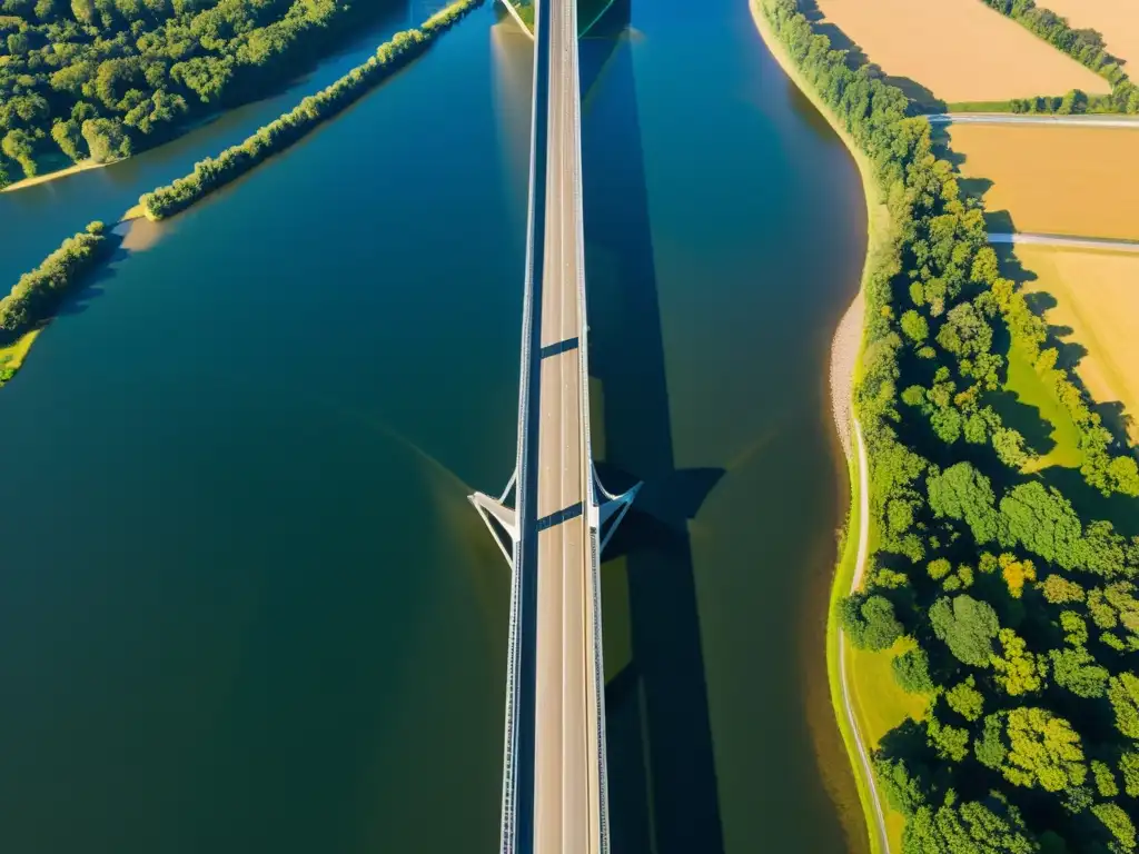 Dinámica de Fluidos en Puentes: Fotografía aérea de un moderno puente sobre un río, con patrones geométricos y el flujo dinámico del agua