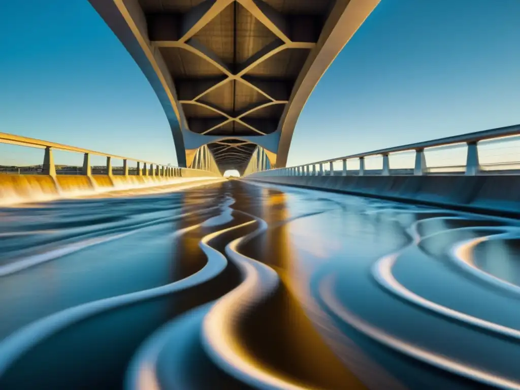 Dinámica de Fluidos en Puentes: Fotografía detallada de un moderno puente sobre un amplio río, capturando los patrones formados por el flujo del agua