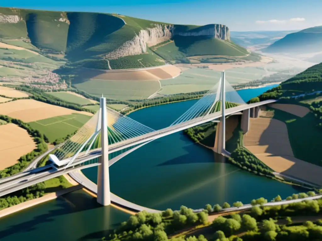 Diseño estructural Puente Millau 3D: Detalle del modelado en 3D del Viaducto de Millau, mostrando su grandiosidad y precisión ingenieril