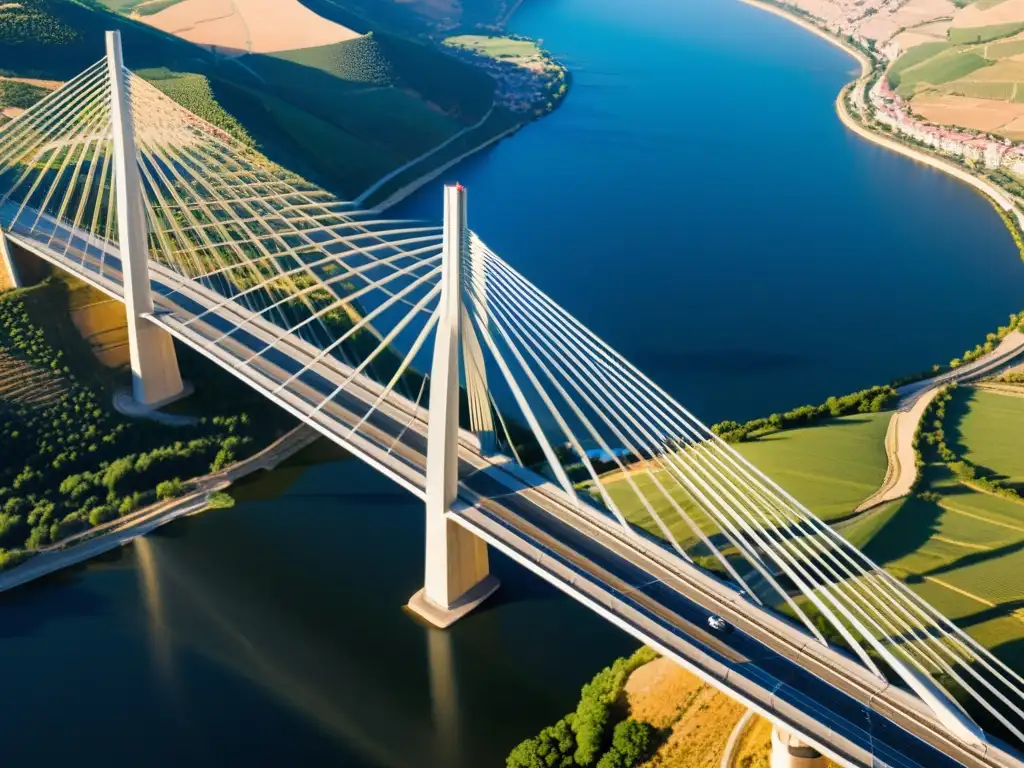 Diseño estructural Puente Millau 3D: Detalle de la elegante arquitectura del viaducto, destacando su escala y diseño desde ángulo dramático