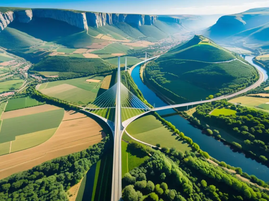 Diseño estructural del Puente Millau 3D: majestuosa vista aérea del viaducto con juegos de luces y sombras en el valle