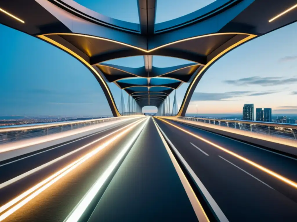 Un diseño futurista de puente iluminado con líneas curvas y materiales innovadores, integrado armónicamente en su entorno urbano o natural