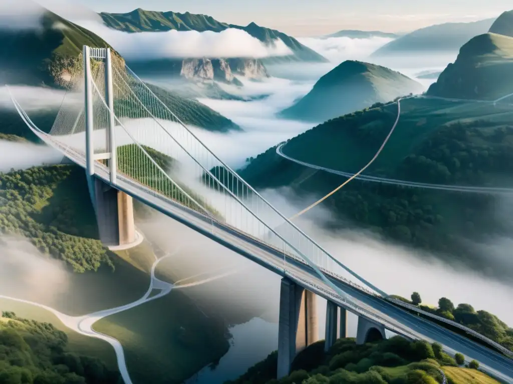 Diseño innovador de puentes colgantes en la arquitectura moderna, destacando la elegante estructura sobre el paisaje neblinoso