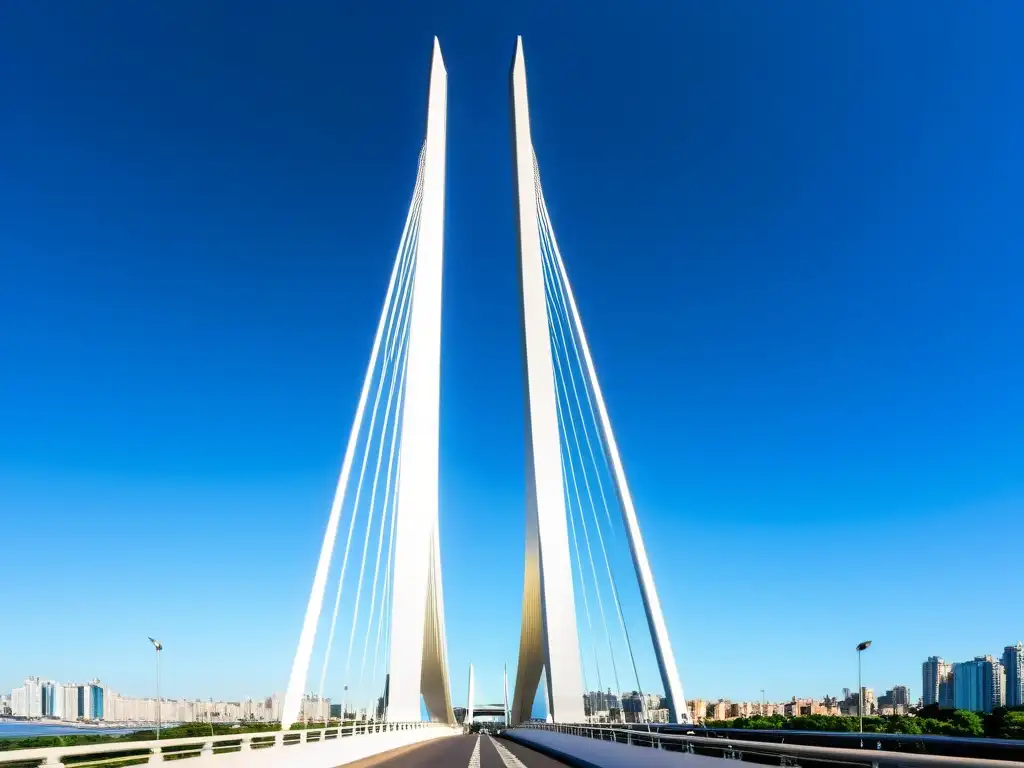 Diseño moderno del Puente de la Mujer en Buenos Aires: un hito arquitectónico de líneas elegantes y vanguardistas, bañado por la cálida luz del sol