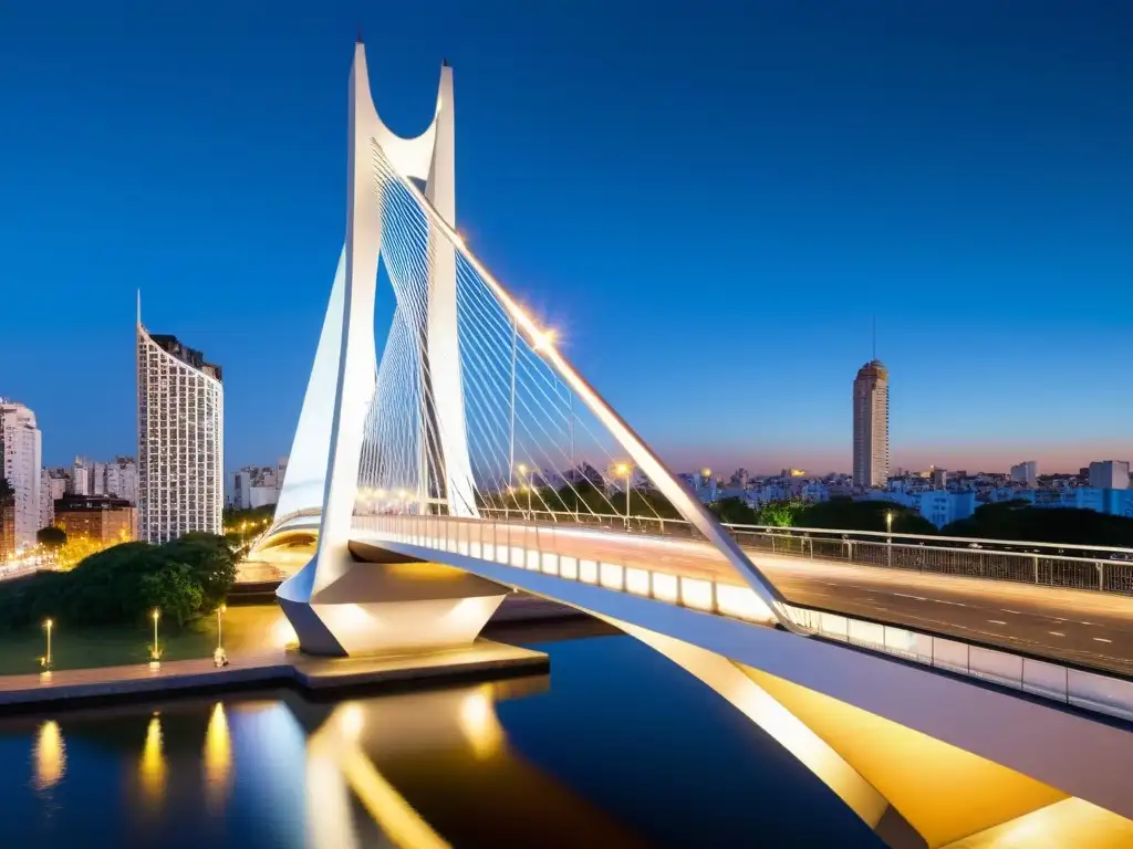 Diseño moderno del Puente de la Mujer en Buenos Aires, resaltando su innovadora arquitectura iluminada en contraste con el cielo nocturno de la ciudad