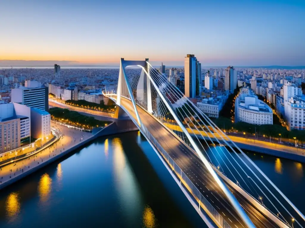 Diseño moderno del Puente de la Mujer en Buenos Aires, resaltando su estructura de acero y líneas curvas