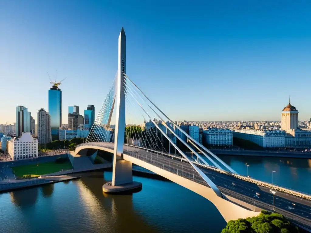 Diseño moderno Puente de la Mujer en Buenos Aires: innovadora arquitectura urbana con líneas limpias y modernas, reflejando el skyline de la ciudad