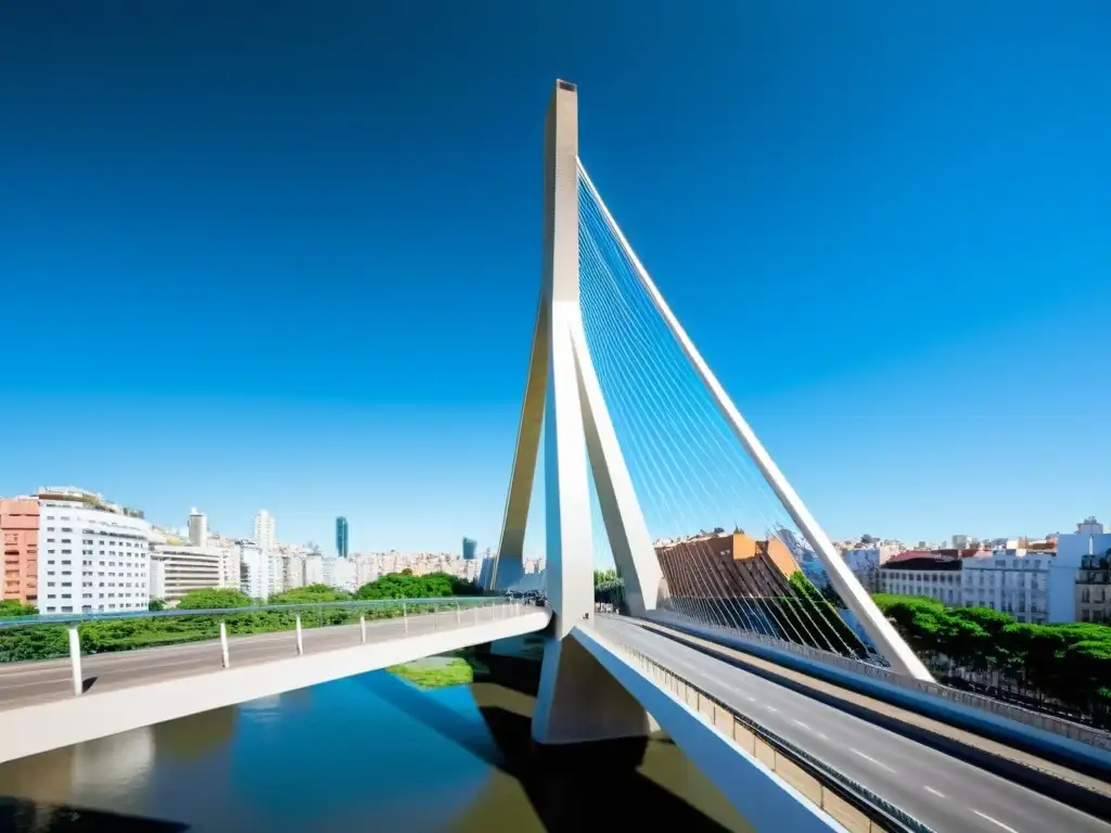 Diseño moderno del Puente de la Mujer en Buenos Aires, destacando su innovadora arquitectura urbana y líneas limpias