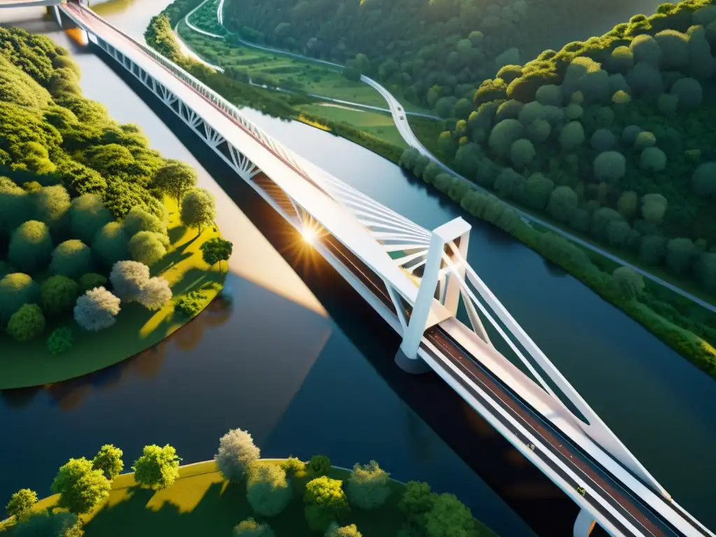 Diseño paramétrico en puentes icónicos: Un puente futurista con patrones geométricos, iluminado por el cálido atardecer, fusionando naturaleza y arquitectura moderna