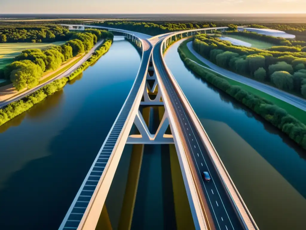 Diseño paramétrico en puentes icónicos: Puente futurista con patrones geométricos iluminado por el sol poniente, destacando precisión y armonía