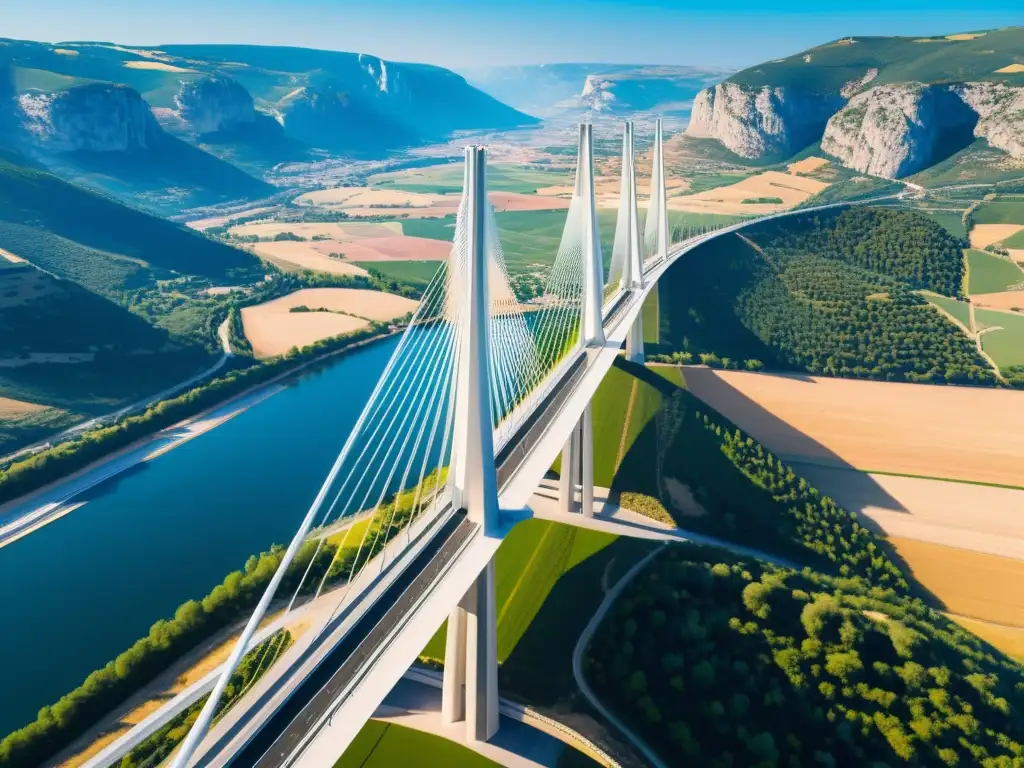 Diseño paramétrico en puentes icónicos: Imagen impactante del viaducto de Millau en Francia, fusionando arquitectura futurista con la naturaleza