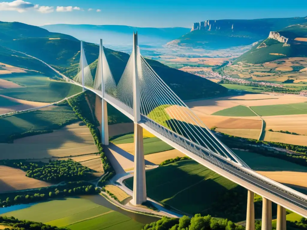 Diseño de puente atirantado impresionante sobre el Valle del Tarn en Francia, con cables y pilones imponentes, bañado por la luz del sol