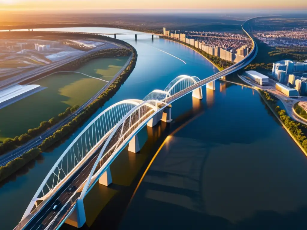 Un diseño de puente futurista iluminado por el cálido atardecer, con líneas curvas y una red de cables