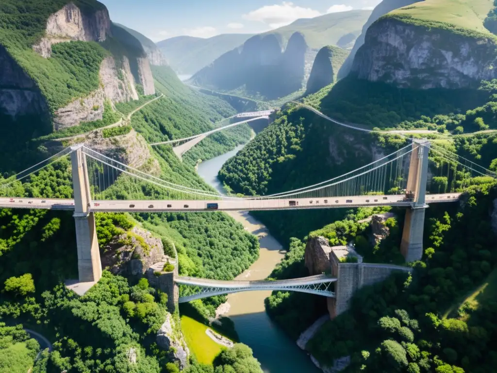 Diseño de puentes colgantes arquitectura: Puente majestuoso sobre un profundo cañón, rodeado de exuberante vegetación y montañas escarpadas