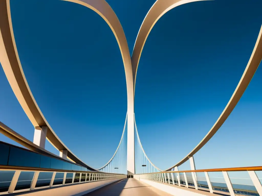 Diseño de puentes colgantes arquitectura: Fotografía de alta resolución que captura la intrincada red de cables y líneas de suspensión de un puente moderno y elegante, resaltando la convergencia de principios de ingeniería y arquitectura