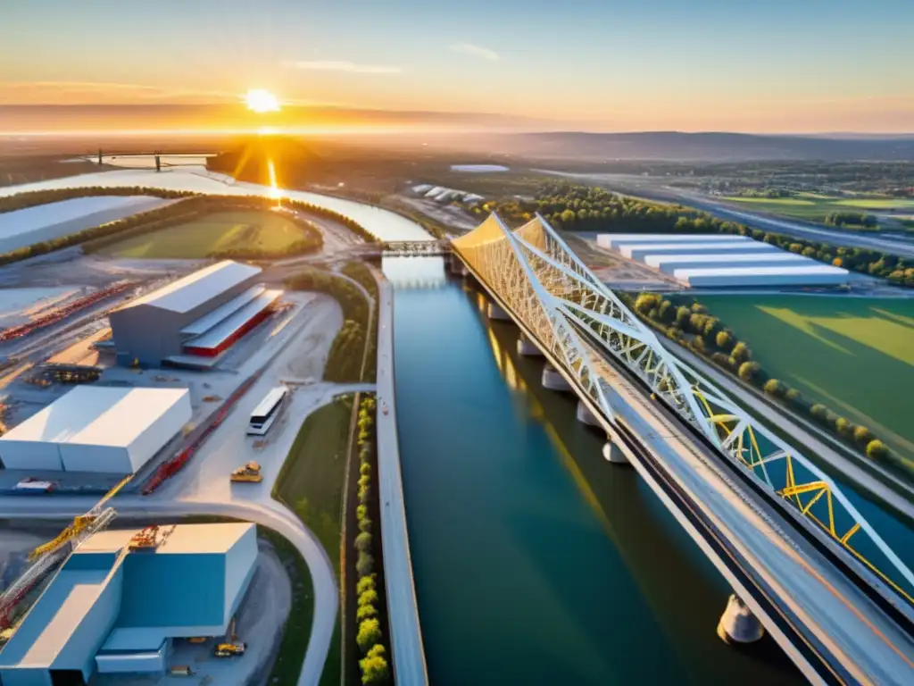 Diseño de puentes con fabricación digital: Fotografía aérea de alta resolución de un moderno puente en construcción, resaltando la compleja red de vigas de acero, soportes de concreto y trabajadores, iluminados por la cálida luz del atardecer