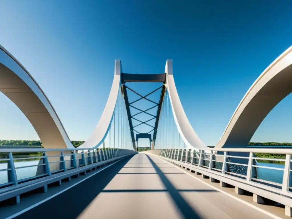 Diseño de puentes con fabricación digital: Fotografía impresionante de un moderno puente futurista sobre un amplio río, con diseño innovador y patrones geométricos