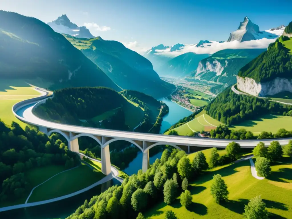 Diseño de puentes icónicos: Imagen impresionante de Puente Salginatobel en Suiza, resaltando su elegante curva y su integración en el paisaje natural