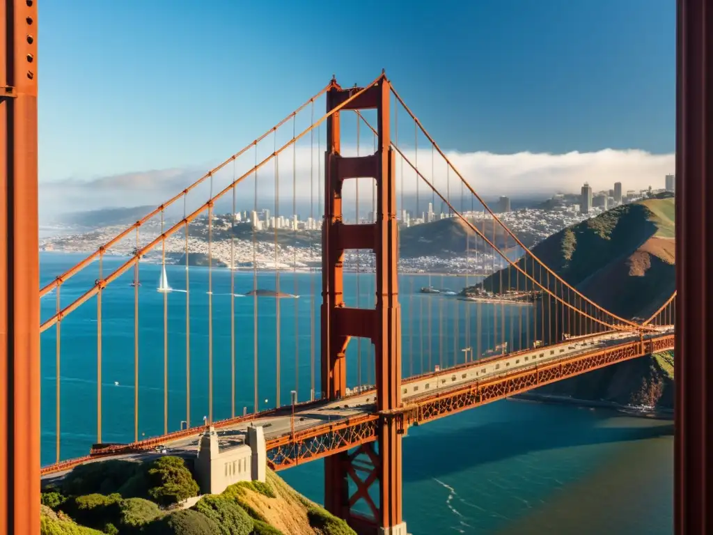 Diseño de puentes icónicos: Imponente estructura de acero del icónico Puente Golden Gate, con majestuosos arcos y líneas enmarcando el horizonte de San Francisco y el océano al fondo