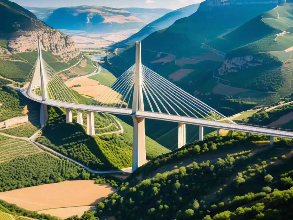 Diseño de puentes icónicos: Fotografía impresionante del Viaducto de Millau en Francia, resaltando su imponente arquitectura y belleza natural