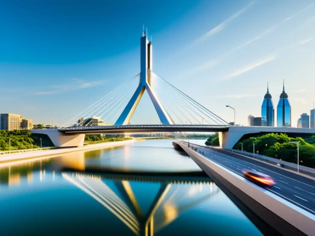 Diseño de puentes icónicos: Un puente moderno y futurista se alza sobre un río, con reflejos brillantes y una ciudad vibrante al fondo