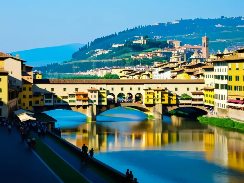 Ponte Vecchio en Florencia: arquitectura medieval y bullicio Diseño de puentes icónicos: Ponte Vecchio en Florencia, Italia, con su arquitectura medieval y la bulliciosa actividad de turistas y lugareños