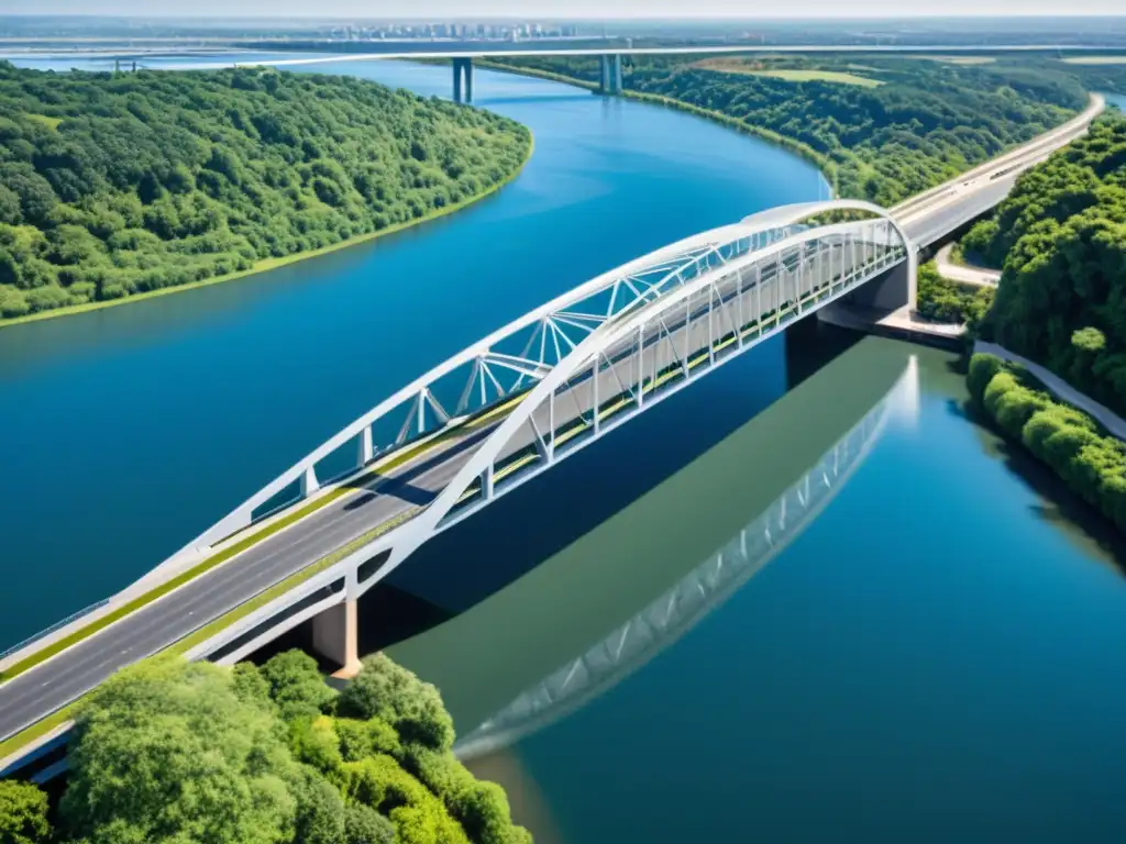 Diseño de puentes con materiales compuestos: Puente moderno de líneas limpias y futuristas sobre un río, integrado armoniosamente en un entorno natural exuberante y cielos azules