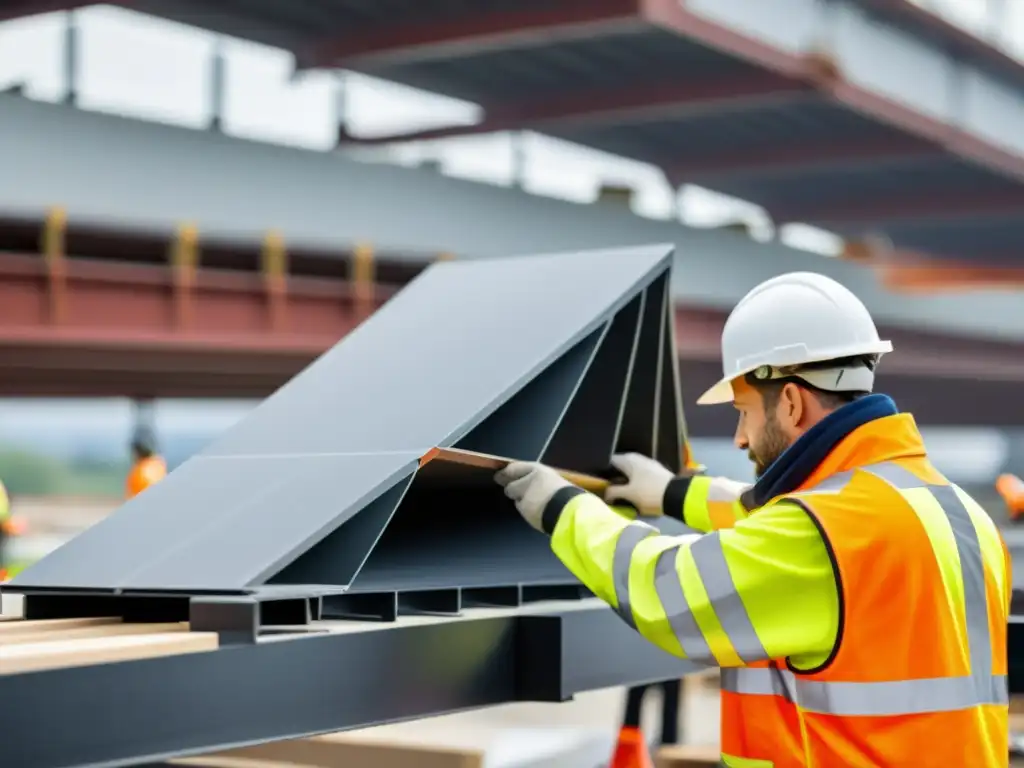 Diseño de puentes con materiales compuestos: ingenieros y obreros ensamblando con precisión componentes para construir un puente moderno