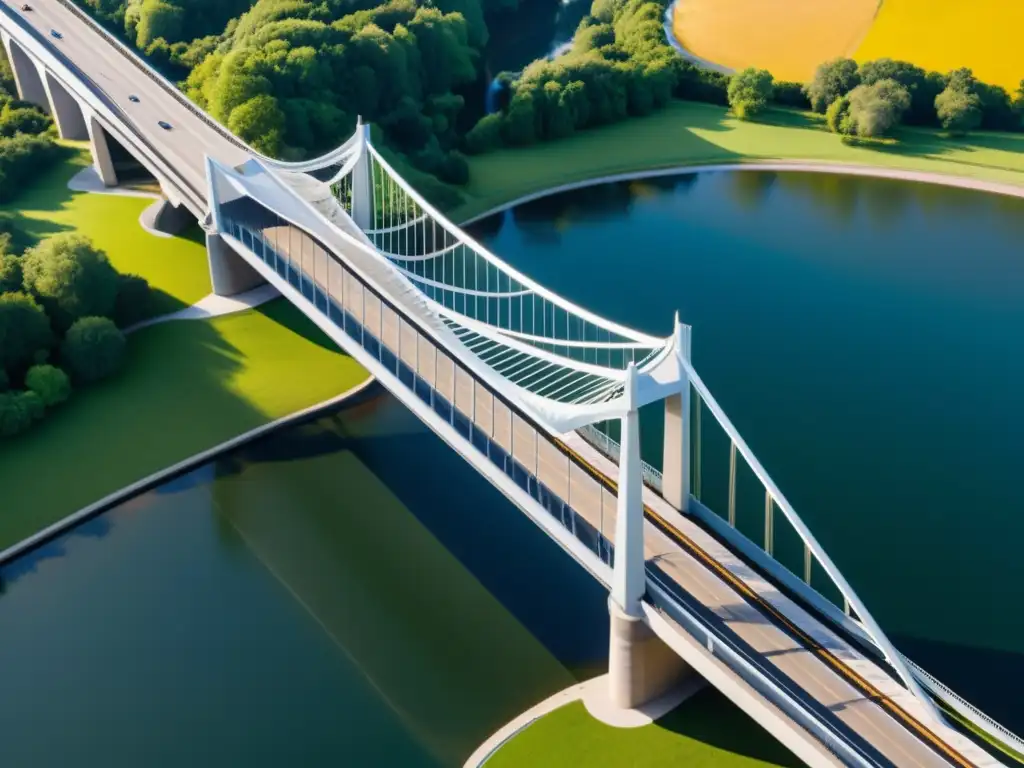 Diseño de puentes con materiales compuestos: Fascinante imagen en 8k de un puente moderno, resaltando detalles estructurales y paisaje circundante