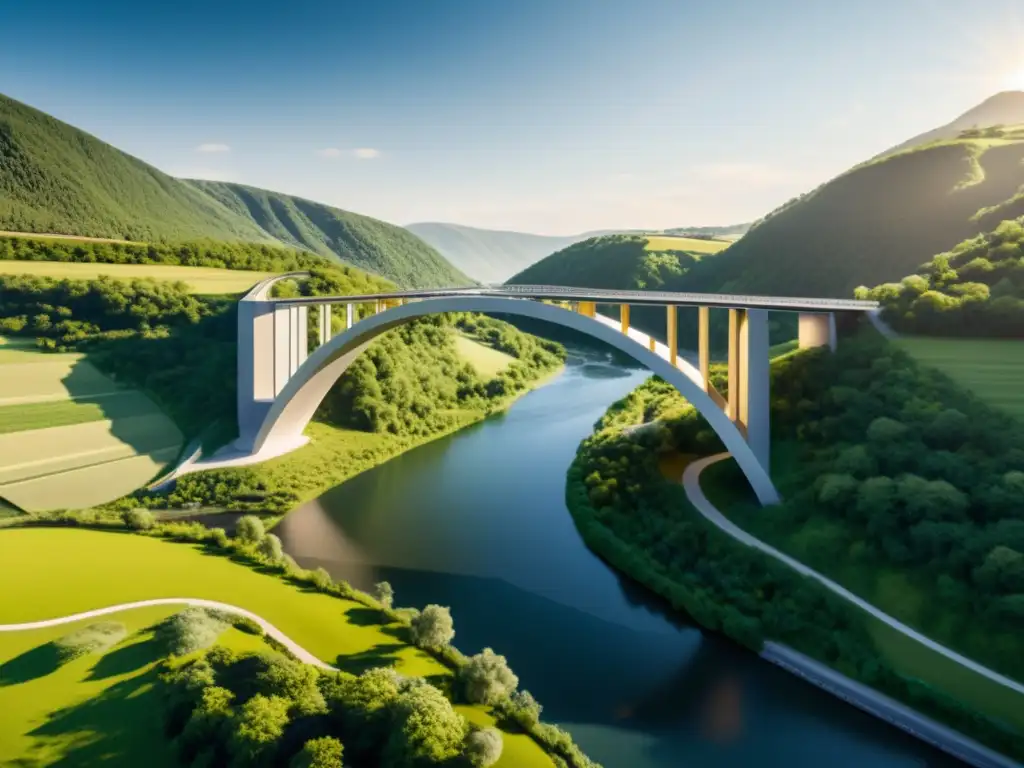 Diseño de puentes con materiales compuestos: Puente moderno en un valle exuberante, resaltando su innovadora estructura y sostenibilidad