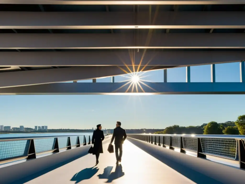 Diseño puentes prefabricados Jean Prouvé: Puente moderno, ingenieros admirando la precisión y belleza en su diseño, con paisaje de fondo