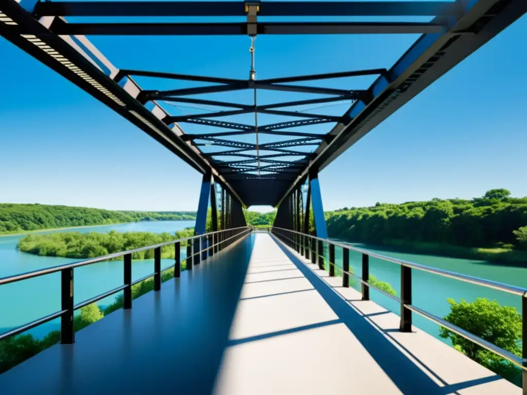 Diseño puentes prefabricados Jean Prouvé: Puente de acero sobre río, reflejos de sol y exuberante naturaleza en el fondo