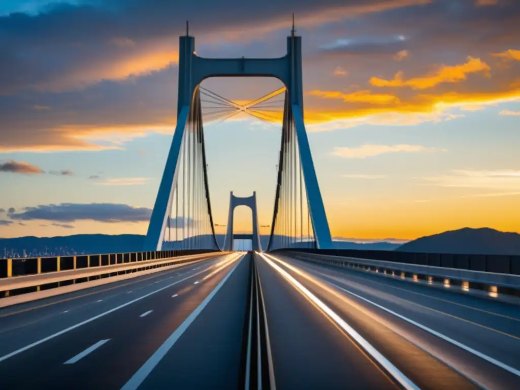 Diseño puentes resistentes carga: Imponente puente atirantado moderno con cables de acero, torres de concreto y un cielo dramático al atardecer