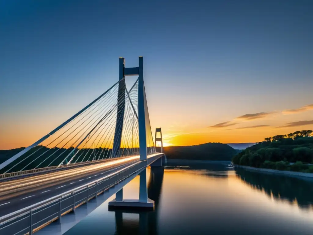 Diseño puentes resistentes carga: Puente cableado moderno sobre río al atardecer, reflejado en el agua, con detalle y estructura impresionantes