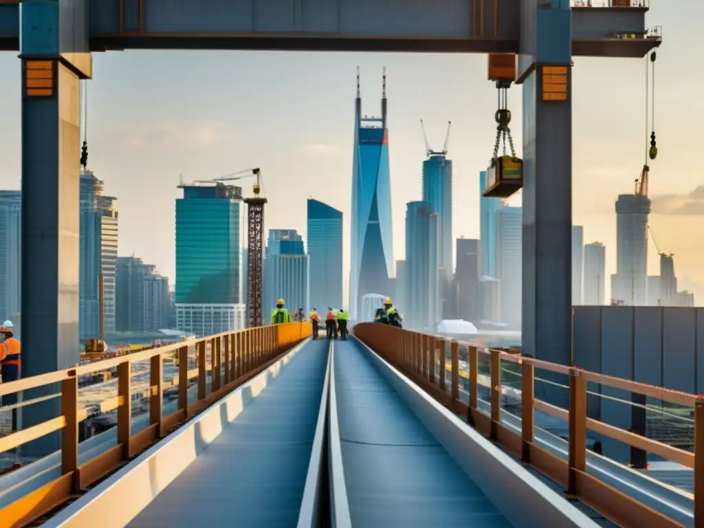 Diseño de puentes resistentes a la carga: Construcción de un puente moderno con estructura de acero e ingenieros trabajando en una vibrante ciudad