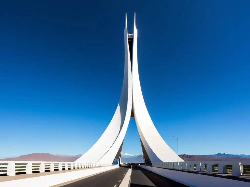 Diseño vanguardista del Puente de la Mujer en Argentina, con su estructura blanca curva destacando contra un cielo azul intenso y paisaje urbano