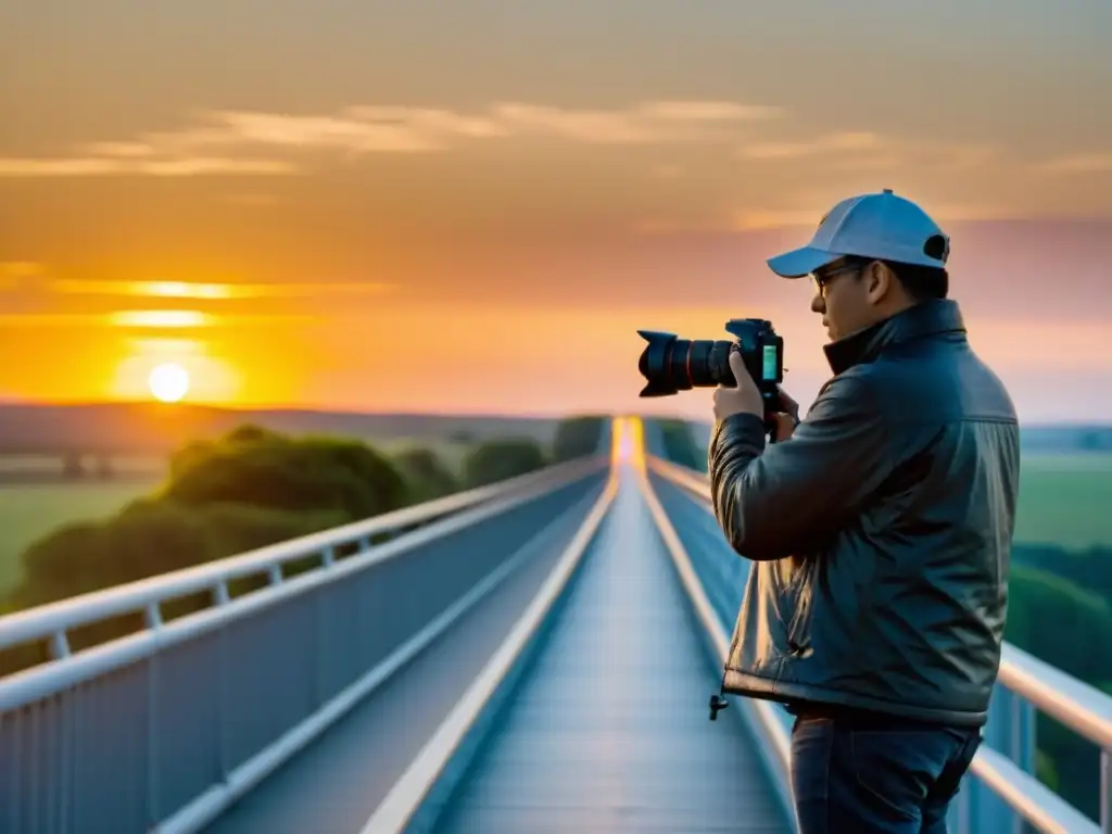 Fotógrafo ajusta cámara con dispositivo remoto en puente sobre río al atardecer